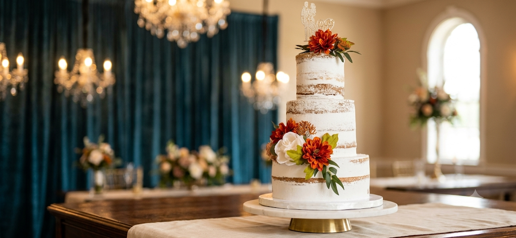 Rustic tiered wedding cake with autumn flowers