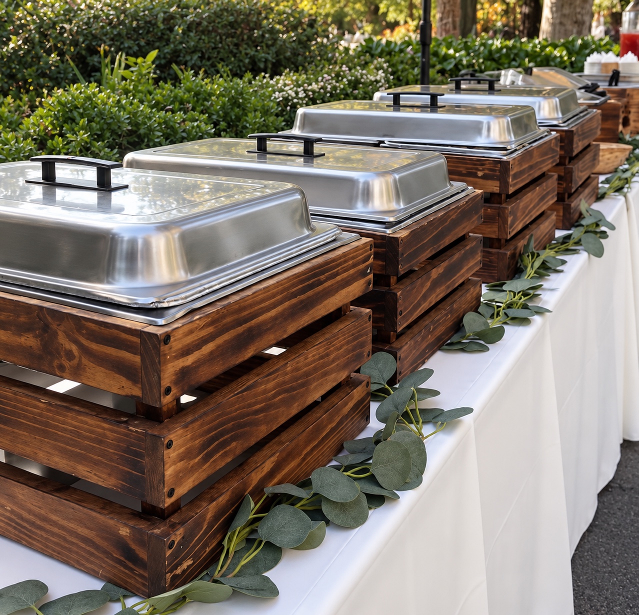 Covered buffet chafing dishes on wooden risers